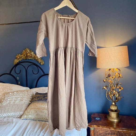 100% Cotton French Peasant Cottagecore Tan Dress - Picture 5 of 11